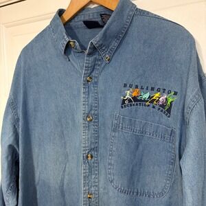 VTG Burlington Recreation & Parks Mens XL Cotton Denim Button Up Shirt Long Slee
